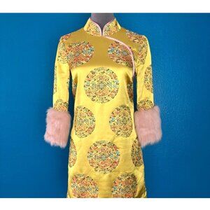 Nasty Gal Dress Asian Inspired Faux Fur Size Medium Gold Pink Satin